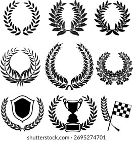 Conjunto de coronas de laurel con taza, bandera a cuadros y escudo, aislado en blanco, Vector