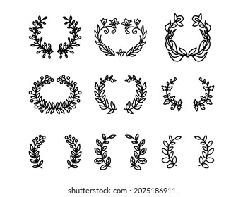 Eine Reihe von Lorbeerwüsten, Blumenrahmen und Teigwaren im Doodle-Stil. Vintage-Zweige eignen sich für die Verzierung einer romantischen Hochzeit, rustikale Ränder, Einladungen, Menüs. Vektorgrafik.