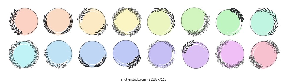 Set of laurel wreaths. Laurel frames branches collection. Hand drawn vintage floral circular frames of leaves. Design elements for greeting card, invitation, social media, blog, emblem and logo.