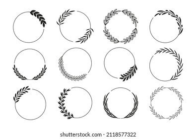 Set of laurel wreaths. Laurel frames branches collection. Hand drawn vintage floral circular frames of leaves. Design elements for greeting card, invitation, social media, blog, emblem and logo.