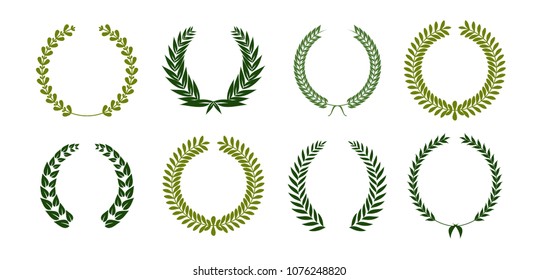 Set of laurel wreaths. Heraldic round element.Collection of different silhouette circular laurel,oak, fig,olive wreaths depicting an award, achievement, heraldry, nobility. Vector illustration