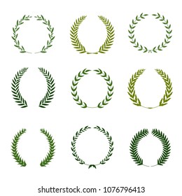 Set of laurel wreaths. Heraldic round element.Collection of different silhouette circular laurel,oak, fig,olive wreaths depicting an award, achievement, heraldry, nobility. Vector illustration.