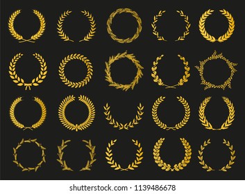 Set of laurel wreaths. Heraldic round element. Collection of different silhouette circular laurel, oak, fig, olive wreaths depicting an award, achievement, heraldry, nobility. Vector illustration.