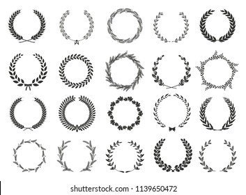 Set of laurel wreaths. Heraldic round element.Collection of different silhouette circular laurel,oak, fig,olive wreaths depicting an award, achievement, heraldry, nobility. Vector illustration.