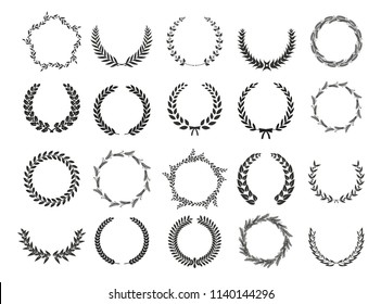 Set of laurel wreaths. Heraldic round element.Collection of different silhouette circular laurel,oak, fig,olive wreaths depicting an award, achievement, heraldry, nobility. Vector illustration.