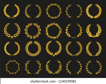 Set of laurel wreaths. Heraldic round element.Collection of different silhouette circular laurel,oak, fig,olive wreaths depicting an award, achievement, heraldry, nobility. Vector illustration.