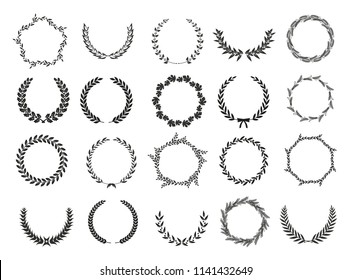 Set of laurel wreaths. Heraldic round element.Collection of different silhouette circular laurel,oak, fig,olive wreaths depicting an award, achievement, heraldry, nobility. Vector illustration.