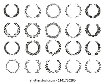 Set of laurel wreaths. Heraldic round element.Collection of different silhouette circular laurel,oak, fig,olive wreaths depicting an award, achievement, heraldry, nobility. Vector illustration.