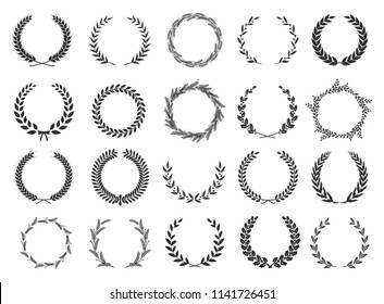 Set of laurel wreaths. Heraldic round element.Collection of different silhouette circular laurel,oak, fig,olive wreaths depicting an award, achievement, heraldry, nobility. Vector illustration.