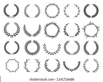 Set of laurel wreaths. Heraldic round element.Collection of different silhouette circular laurel,oak, fig,olive wreaths depicting an award, achievement, heraldry, nobility. Vector illustration.