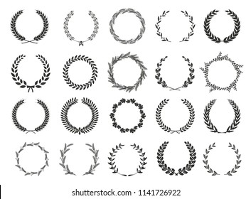 Set of laurel wreaths. Heraldic round element.Collection of different silhouette circular laurel,oak, fig,olive wreaths depicting an award, achievement, heraldry, nobility. Vector illustration.