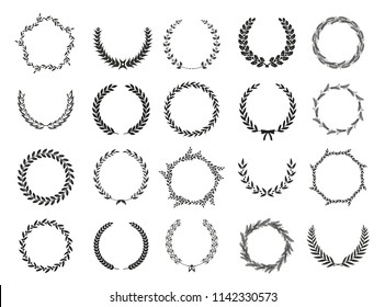 Set of laurel wreaths. Heraldic round element.Collection of different silhouette circular laurel,oak, fig,olive wreaths depicting an award, achievement, heraldry, nobility. Vector illustration.