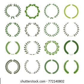 Set of laurel wreaths. Heraldic round element.Collection of different silhouette circular laurel,oak, fig,olive wreaths depicting an award, achievement, heraldry, nobility. Vector illustration.