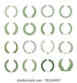 Set of laurel wreaths. Heraldic round element.Collection of different silhouette circular laurel,oak, fig,olive wreaths depicting an award, achievement, heraldry, nobility. Vector illustration.