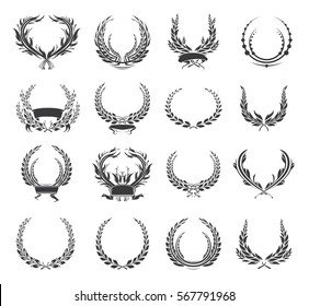 Set of laurel wreaths and ribbons. Collection of award or victory signs. Heraldry emblem. Black color. Vector  illustration. 