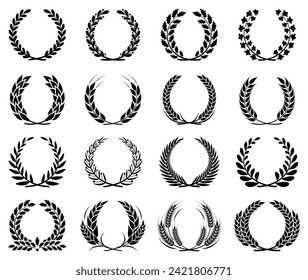 Set of laurel wreaths. Round laurel leaves, wheat, olive and oak wreaths. Logo of victory, achievement, award, coat of arms, heraldry. Isolated black silhouette on white background. Vector