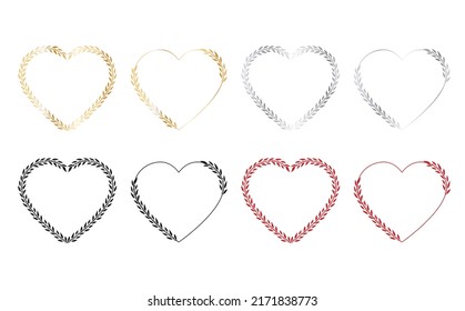 Set of laurel wreaths in the shape of a heart. Leaves and branches of laurel in black, gold, silver and red. Vector illustration for design.