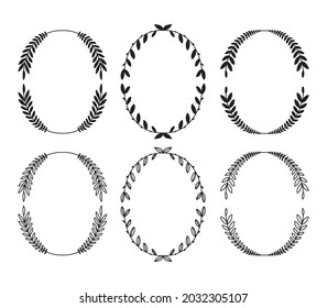 Set of laurel wreaths. Vector hand drawn laurel wreath isolated on white background. Doodle style. Silhouette and outline floral frames.