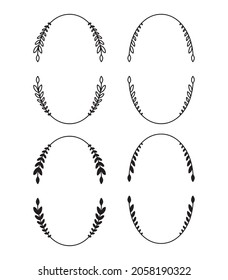 Serie de coronas de Laurel. La corona de laurel dibujada a mano del vector aislada sobre fondo blanco. Estilo Doodle. Silueta y contorno de marcos florales.