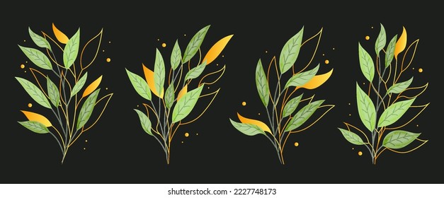 Set of laurels. Collection of branches and leaves. graphic elements for website, poster or banner. Botany and floristry, aesthetics. Cartoon flat vector illustrations isolated on black background