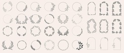 Set Of Laurels Frames Branches. Vintage Laurel Wreaths Collection. Floral Wreaths With Leaves, Berries. Decorative Elements For Design. Doodle Vector Illustration Plants. Isolated On White Background.