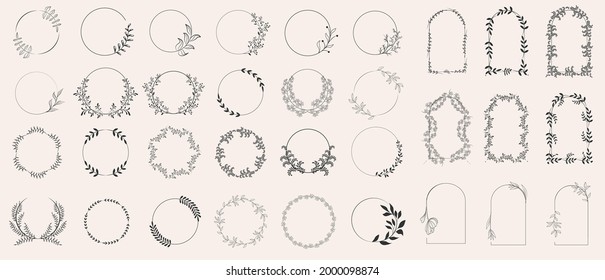 Set of laurels frames branches. Vintage laurel wreaths collection. Floral wreaths with leaves, berries. Decorative elements for design. Doodle vector illustration plants. Isolated on white background.