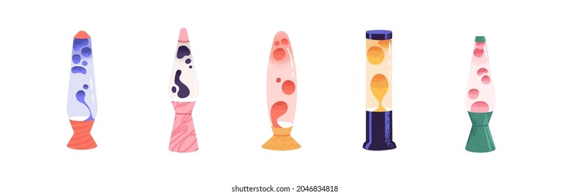 Set of lava lamps in different shapes and colors. Neon fluid melting bubbles in retro style. Hand drawn colorful vector illustrations. Lights for room aesthetic or decoration concept. Rainbow drops