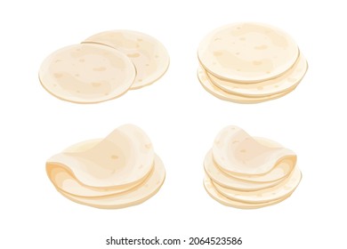 Set lavash, tortilla. Mexican cuisine ingredient in cartoon style isolated on white background. Fast food, traditional bread.