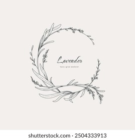 Set of lavender calligraphic wreath and design elements, floral and graceful branches. Wedding wildflowers for invitation save the date card. Botanical feminine rustic vector illustration