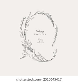 Kalligraphischer Kranz und Gestaltungselemente aus Lavendel, florale und anmutige Zweige. Hochzeit wildflowers für Einladung speichern Sie die Datumskarte. Botanische feminine rustikale Vektorgrafik