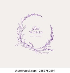 Set of lavender calligraphic wreath and design elements, floral and graceful branches. Wedding wildflowers for invitation save the date card. Botanical feminine rustic vector illustration