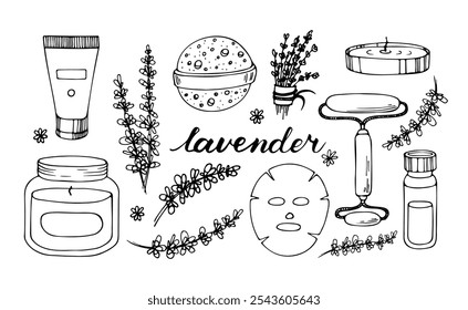 Set of lavender cosmetics. Hand drawn spa items. Doodle herbs elements, oil, mask, candle, bath bomb. Vector illustration sketch style.