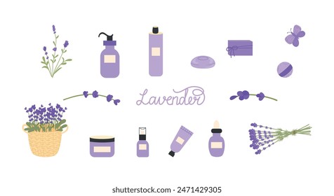 Set of lavender cosmetics. Handmade soap, shampoo, shower gel, cream, perfume, oil, spa items. Lavender flowers in a basket, herb and bunch, 
Vector illustration, flat style.