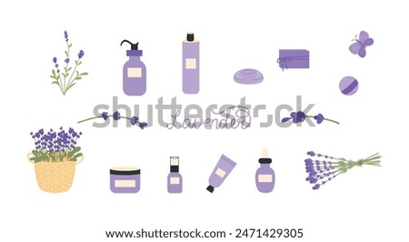 Set of lavender cosmetics. Handmade soap, shampoo, shower gel, cream, perfume, oil, spa items. Lavender flowers in a basket, herb and bunch, 
Vector illustration, flat style.