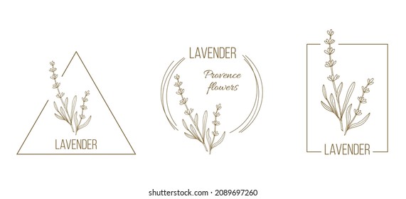 Set of lavender floral hand drawn logo templates. Vector illustration for badges, labels, and branding business identity.