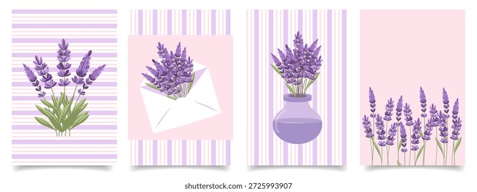 Conjunto de tarjetas de felicitación de lavanda. Elegante arte floral de lavanda para invitaciones y estampados decorativos. 