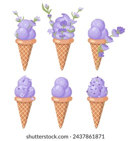 Un juego de helado de lavanda en conos de gofre. Sorbete púrpura. Ilustración vectorial aislada sobre fondo blanco.
