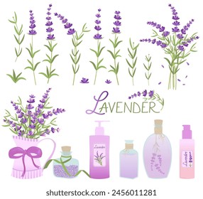 Conjunto de flores y cosméticos de plantas de lavanda. Productos aromáticos y cosméticos que contienen aceites de lavanda, Vector dibujado a mano Conjunto de plantas de lavanda y cosméticos.