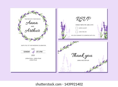 Set of Lavender Wedding invitations set. Doodle illustrations.