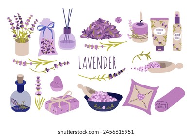 Set of lavender.Lavender aromatherapy and spa supplies, scented, candles,salt, candle holder, cream, towel ,incense sticks, soap