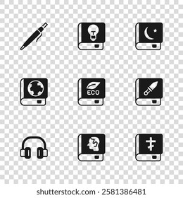 Set Law book, Book about weapon, Holy bible, ecology, of Koran, Pen, User manual and Earth globe and icon. Vector