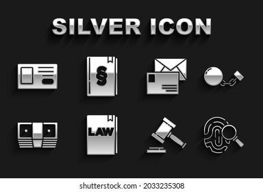 Set Law book, Ball on chain, Fingerprint, Judge gavel, Bribe money cash, Envelope, Identification badge and  icon. Vector