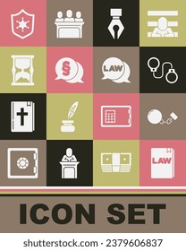 Set Law book, Ball on chain, Handcuffs, Fountain pen nib, Old hourglass, Police badge and  icon. Vector