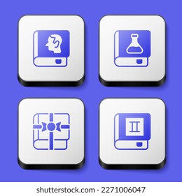 Set Law book, Chemistry, Book as gift and  icon. White square button. Vector