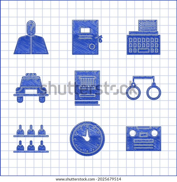 Set Law book, Clock, Retro audio cassette\
tape, Handcuffs, Jurors, Police car flasher, typewriter and\
Anonymous with question mark icon.\
Vector