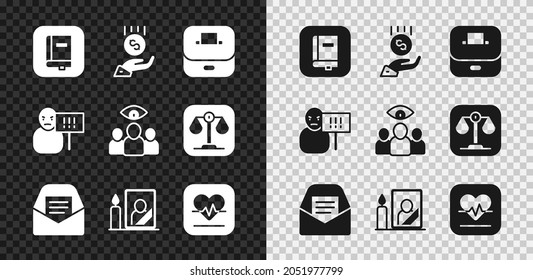 Set Law book, Coins on hand - minimal wage, Vote box, Mail e-mail, Mourning photo frame, Heart rate, Protest and Spy, agent icon. Vector