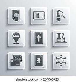 Set Law book, Hexagram sheriff, Office folders, Holy bible, Envelope, Location law, Oath the Bible and Footsteps icon. Vector