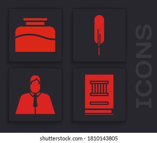 Set Law book, Inkwell, Feather pen and Lawyer, attorney, jurist icon. Vector