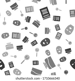 Set Law book, Inkwell, Thief mask and Magnifying glass with search on seamless pattern. Vector