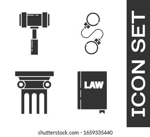 Set Law book, Judge gavel, Law pillar and Handcuffs icon. Vector